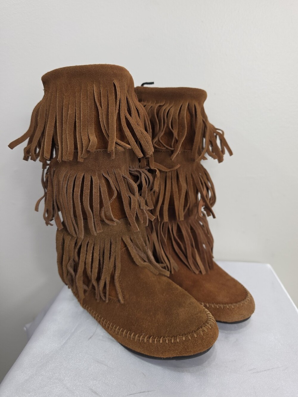 Brown Suede Fringe Moccasin Boots